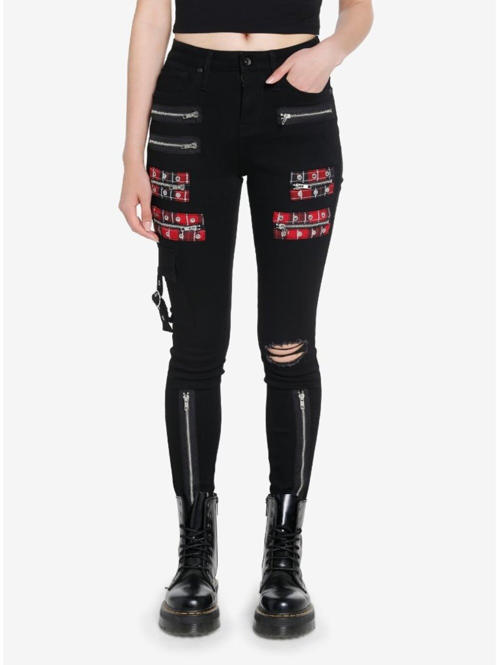 Hot Topic Punk Emo Gromet Plaid Zipper Black High Rise Super Skinny Rocker Jeans